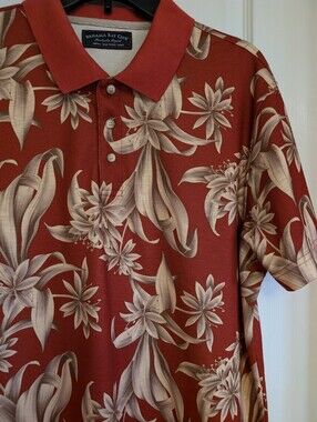 Bahama Bay Club Tropical Print Short Sleeve Polo. Size Large. Rust/Beige